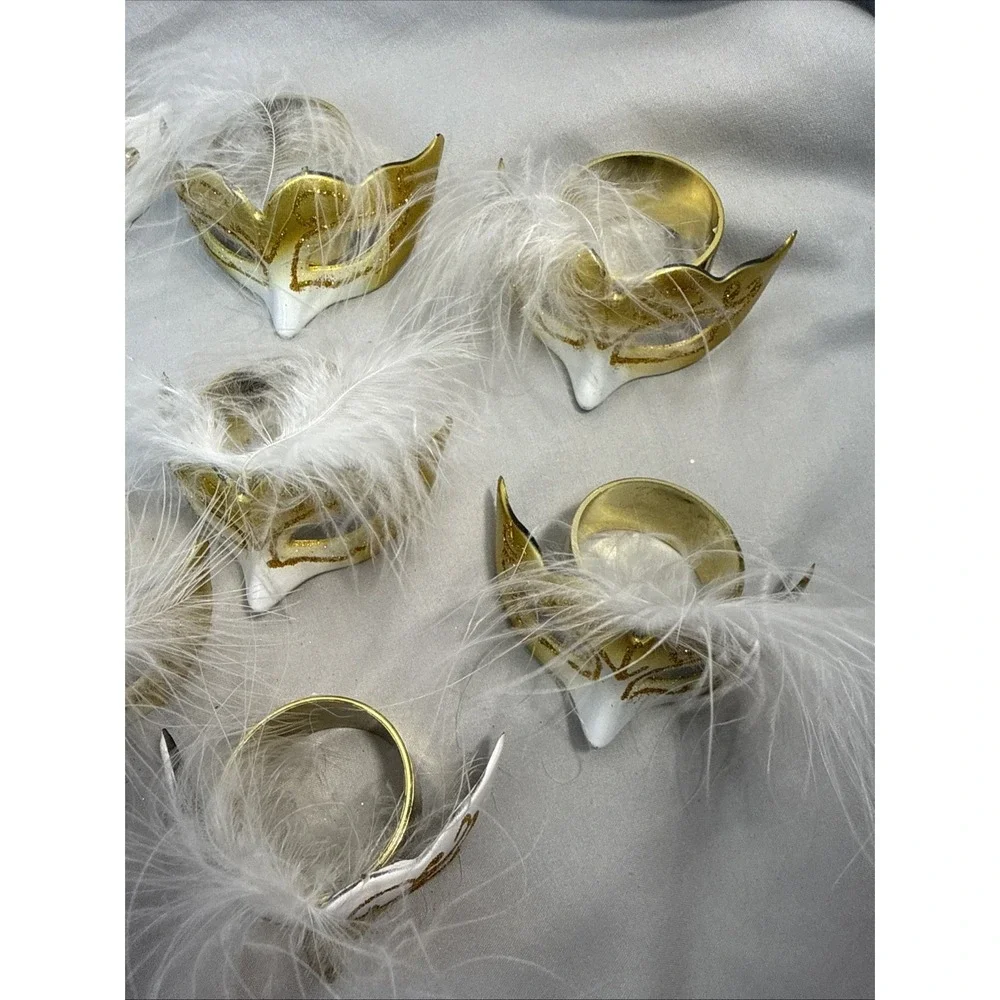 12 Masquerade Mask Napkin Rings Gold White Feather Mardi Gras Party Decor